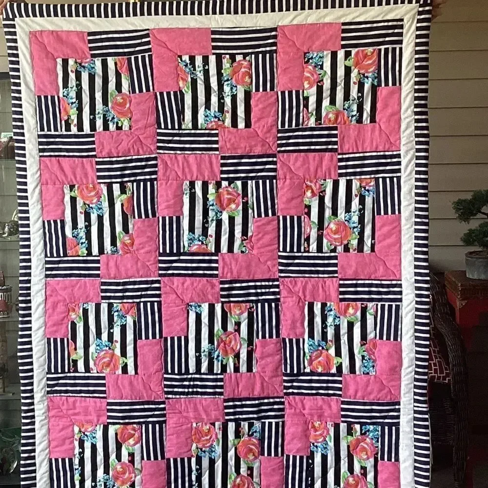 NWT. Hand Crafted Pink and Black Striped With Roses Floral Quilt
